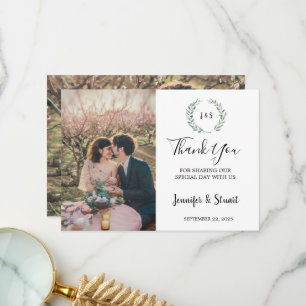 Rustic watercolor leaves monogram photo wedding thank you card