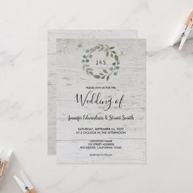 Rustic watercolor leaves monogram wood wedding invitation (Front/Back In Situ)