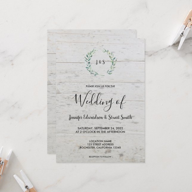 Rustic watercolor leaves on wood monogram Wedding  Invitation (Front/Back In Situ)