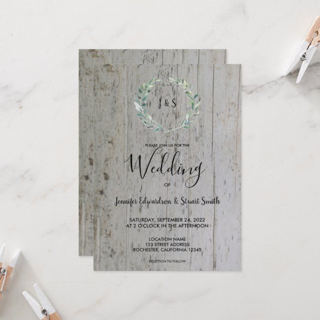 Rustic watercolor leaves on wood monogram Wedding  Invitation (Front/Back In Situ)