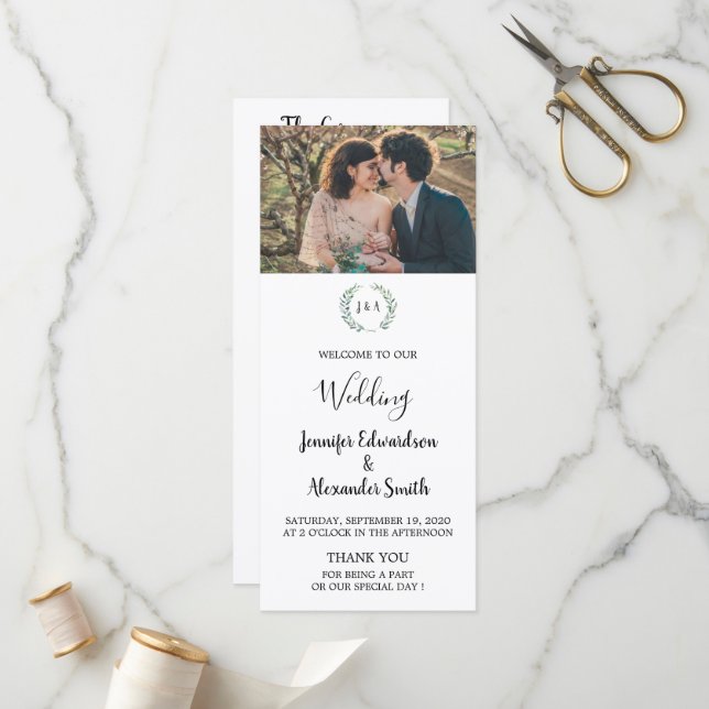 Rustic watercolor leaves photo country wedding programme (Front/Back In Situ)