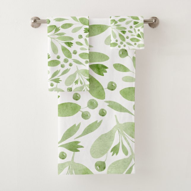  Rustic Watercolor Leaves Sage Green &White Bath Towel Set (Insitu)