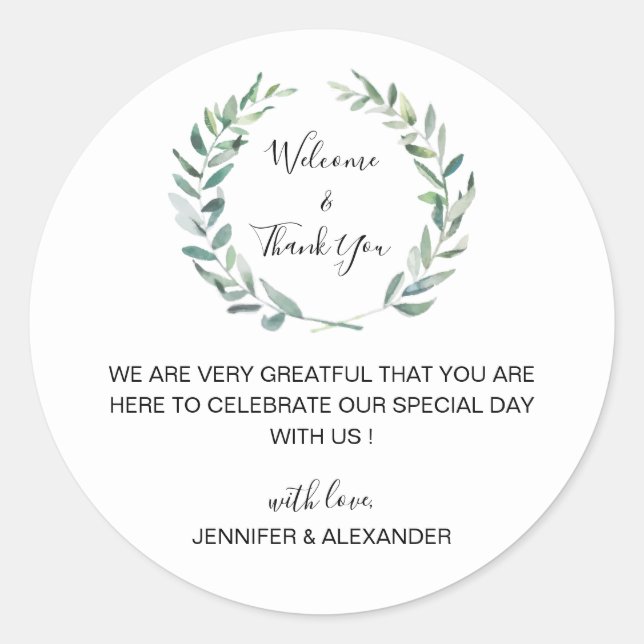 Rustic watercolor leaves wedding Welcome Classic Round Sticker (Front)