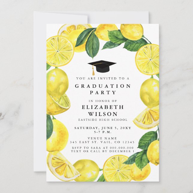 Rustic Watercolor Lemon Wreath Graduation Invitation (Front)