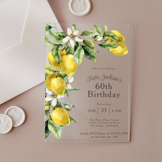 Rustic Watercolor Lemons 60th Birthday Acrylic Invitations (Creator Uploaded)