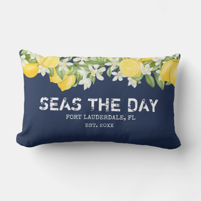 Rustic Watercolor Lemons Boat Name Lumbar Pillow (Front)