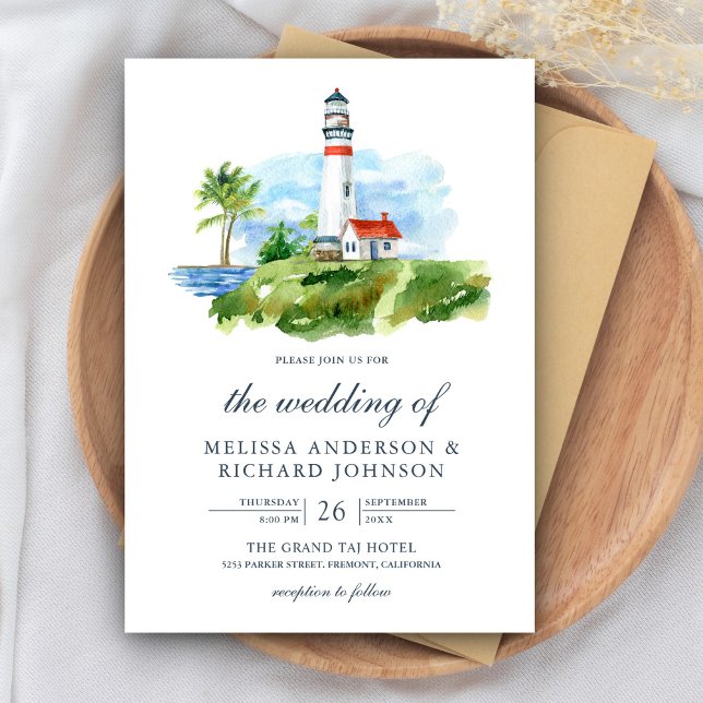 Rustic Watercolor Lighthouse Nautical Wedding Invitation (Creator Uploaded)