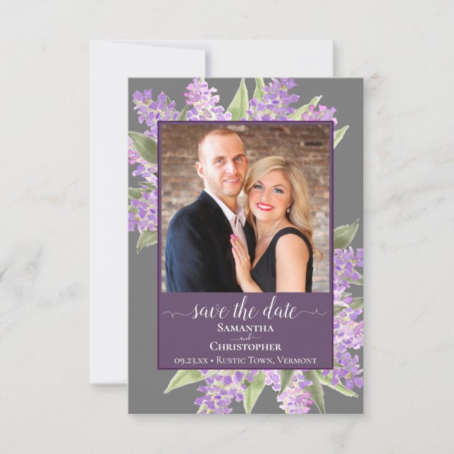 Rustic Watercolor Lilacs & Photo Grey Wedding Save The Date (Front)