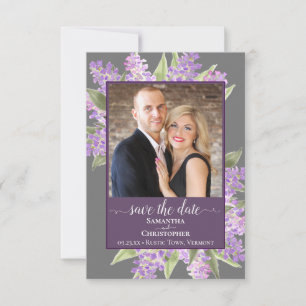 Rustic Watercolor Lilacs & Photo Grey Wedding Save The Date