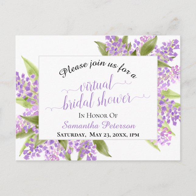 Rustic Watercolor Lilacs Virtual Bridal Shower Invitation Postcard (Front)