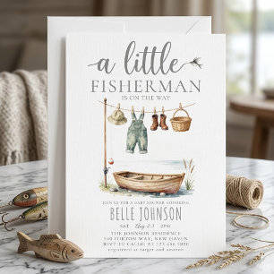 Rustic Watercolor Little Fisherman Baby Shower Invitation