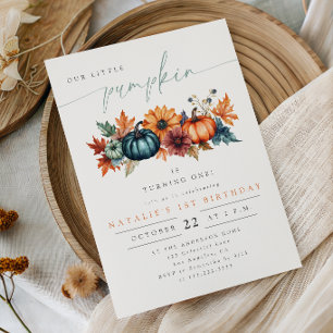 Rustic Watercolor Little Pumpkin Fall Birthday Invitation