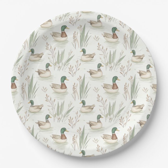 Rustic Watercolor Mallard Duck Paper Plates  (Front)