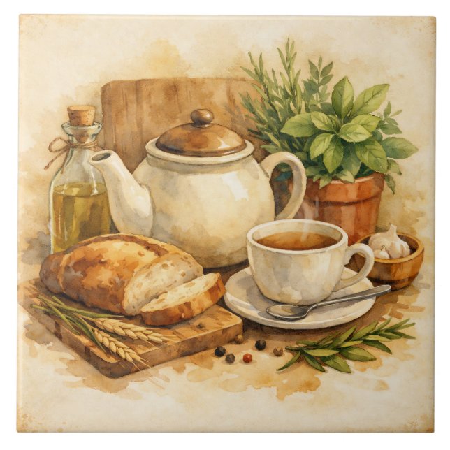 Rustic Watercolor Mediterranean Breakfast  Tile (Front)