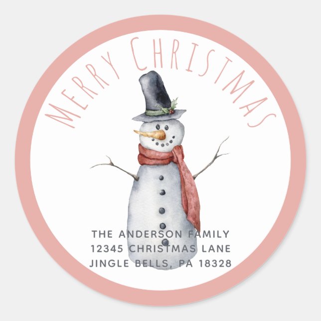 Rustic Watercolor Merry Christmas Snowman Family   Classic Round Sticker (Front)