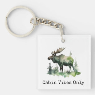 Rustic Watercolor Moose Custom Cabin Forest Art Key Ring