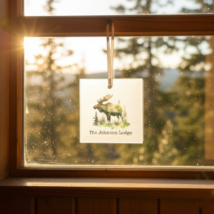 Rustic Watercolor Moose Forest Cabin Keepsake Glass Tree Decoration