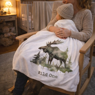 Rustic Watercolor Moose Little One Personalised Fleece Blanket