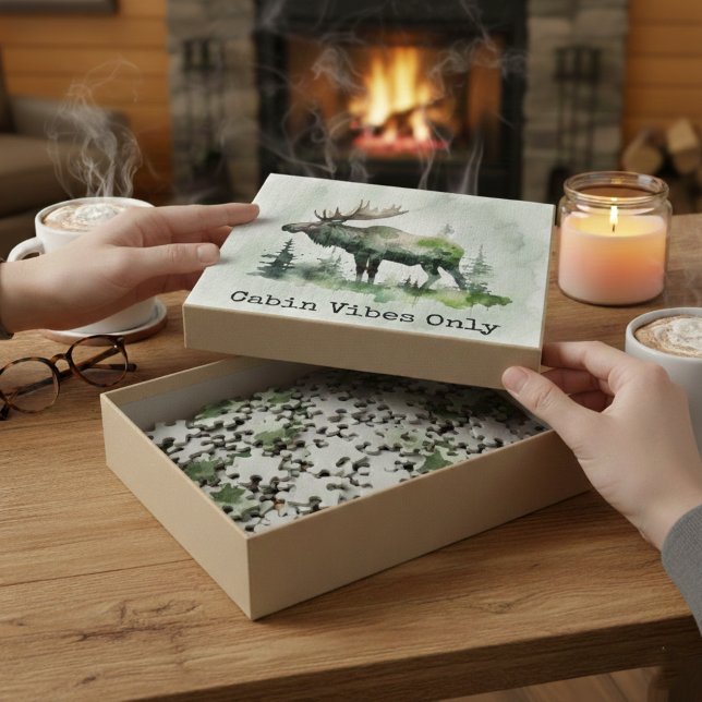 Rustic Watercolor Moose Personalized Family Forest Jigsaw Puzzle (Creator Uploaded)