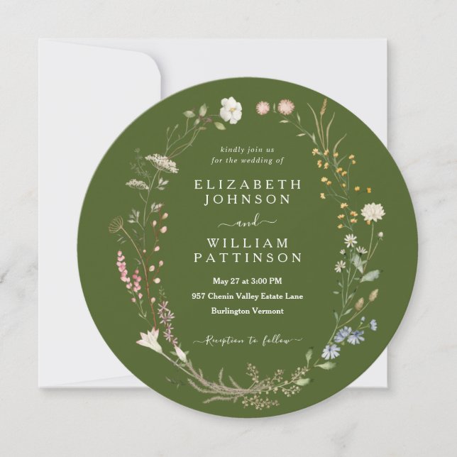 Rustic Watercolor Moss Green Wildflower Wedding Invitation (Front)