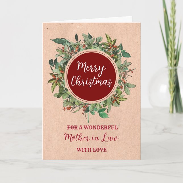 Rustic Watercolor Mother in Law Merry Christmas Card (Front)