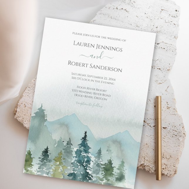 Rustic Watercolor Mountain Evergreen Tree Wedding Invitation (Creator Uploaded)