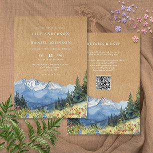 Rustic Watercolor Mountain Floral QR Code Wedding Invitation