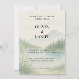 Rustic Watercolor Mountain Forest Pine Wedding  Invitation