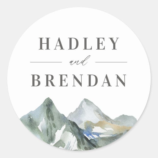 Rustic Watercolor Mountain Forest Wedding Classic Round Sticker (Front)