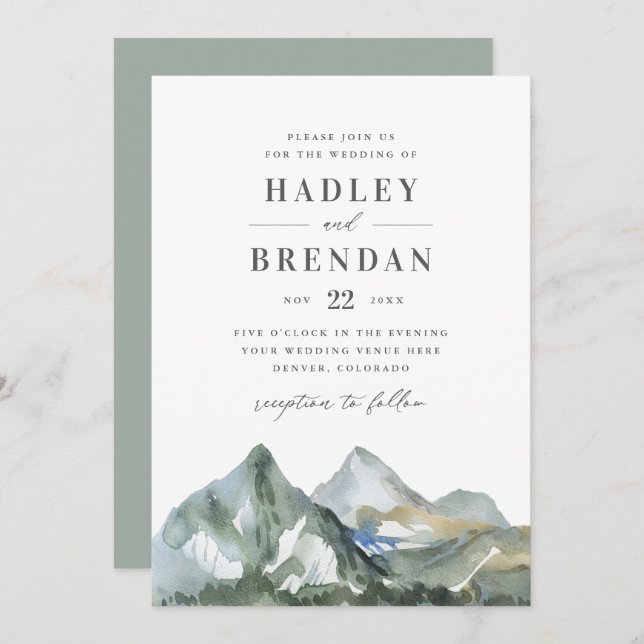 Rustic Watercolor Mountain Forest Wedding Invitation (Front/Back)