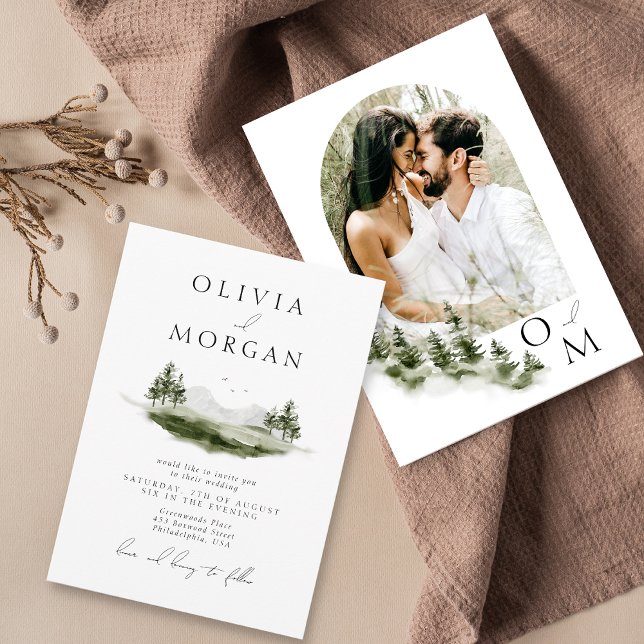 Rustic Watercolor Mountain Forest Wedding Photo Invitation (Creator Uploaded)