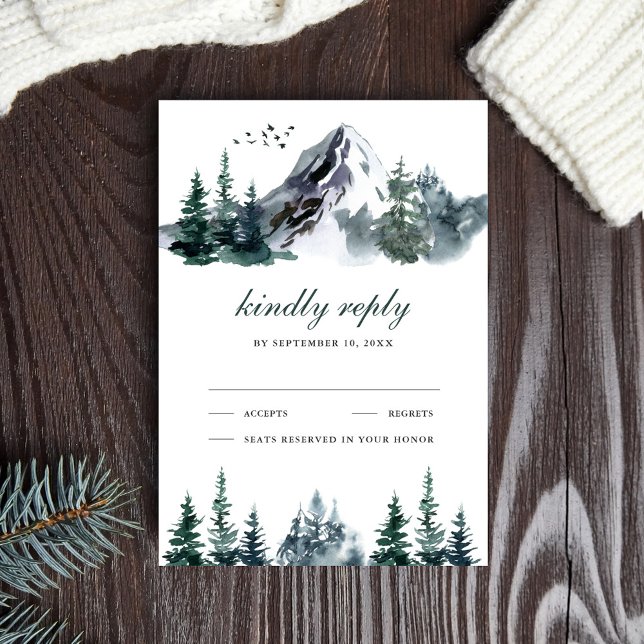 Rustic Watercolor Mountain Forest Winter Wedding RSVP Card (Creator Uploaded)