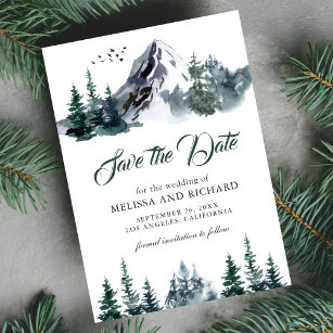 Rustic Watercolor Mountain Forest Winter Wedding Save The Date