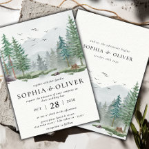 Rustic Watercolor Mountain Green Pine Tree Wedding