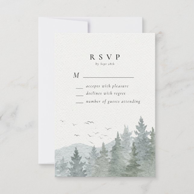 Rustic Watercolor Mountain Green Pine Tree Wedding RSVP Card (Front)