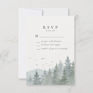 Rustic Watercolor Mountain Green Pine Tree Wedding RSVP Card