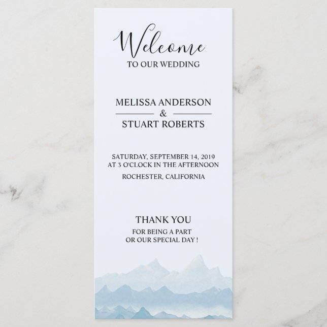 Rustic watercolor mountain landscape wedding programme (Front)