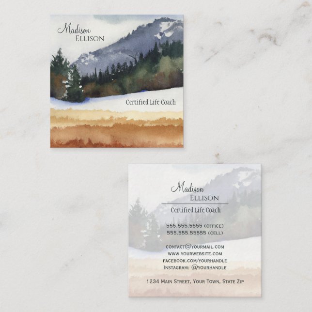 Rustic Watercolor Mountain Pine Forest Square Business Card (Front/Back)