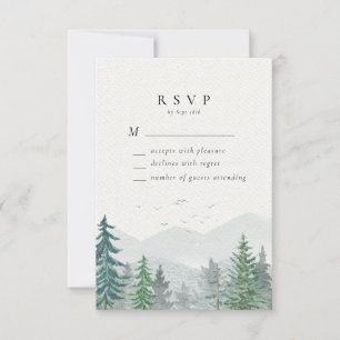 Rustic Watercolor Mountain Pine Forest Wedding RSVP Card