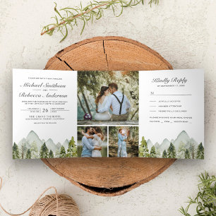 Rustic Watercolor Mountain Pine Trees Wedding Tri-Fold Invitation