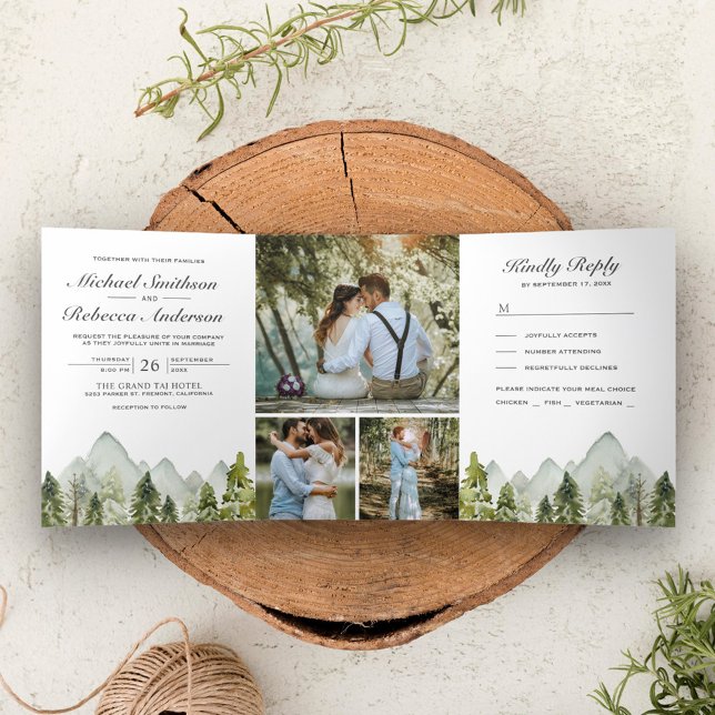 Rustic Watercolor Mountain Pine Trees Wedding Tri-Fold Invitation (Creator Uploaded)