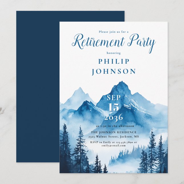 Rustic Watercolor Mountain Retirement Party Invitation (Front/Back)