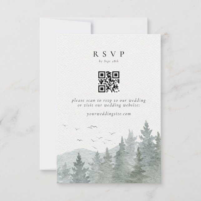 Rustic Watercolor Mountain Tree Wedding QR Code RSVP Card (Front)