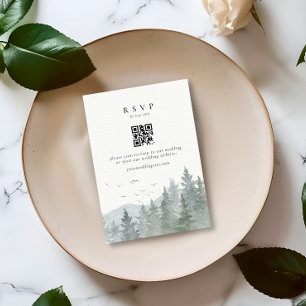 Rustic Watercolor Mountain Tree Wedding QR Code RSVP Card
