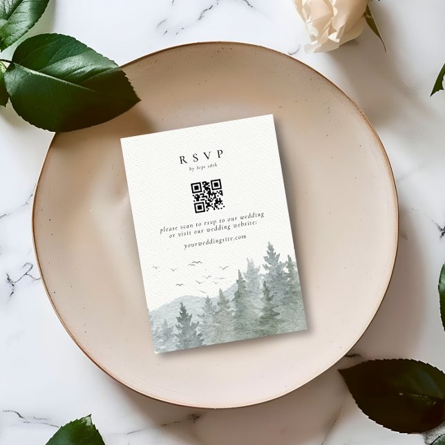 Rustic Watercolor Mountain Tree Wedding QR Code RSVP Card (Creator Uploaded)