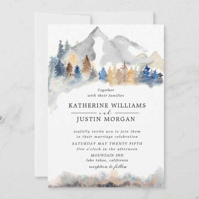 Rustic Watercolor Mountain Wedding Invitation (Front)