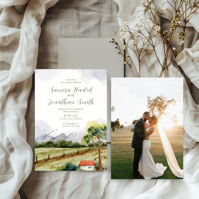 Rustic Watercolor Mountain Wedding Photo Invitation (Creator Uploaded)