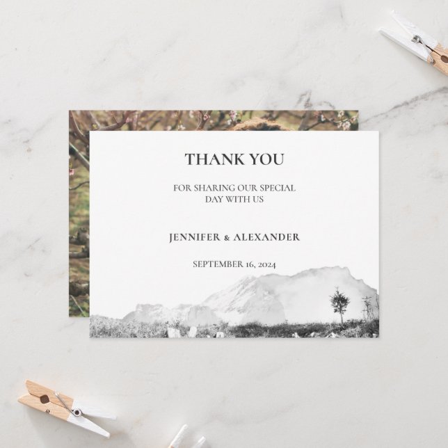 Rustic watercolor mountain wedding photo Thank you (Front/Back In Situ)