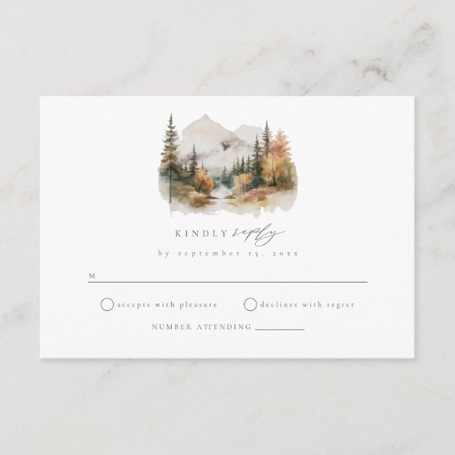 Rustic Watercolor Mountain Wedding RSVP Card (Front)