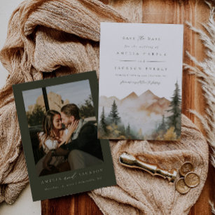 Rustic Watercolor Mountain Wedding Save The Date Invitation